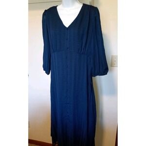 Laura Conrad Blue‎ Long Dress V neck Belt size Large Buttons Lined Zips